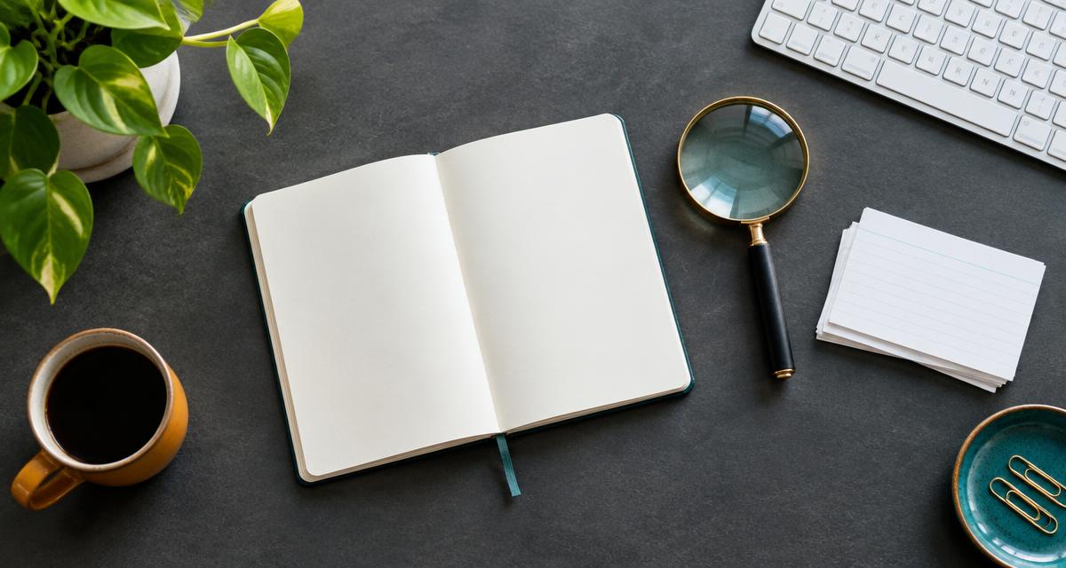 Notebook, index cards and magnifying glass on a desk for planning clear page descriptions